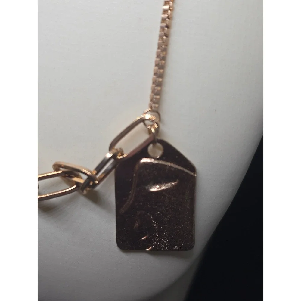 Rose Gold tone Mixed Chain Necklace Paperclip Box Link Abstract Face Pendant Tag